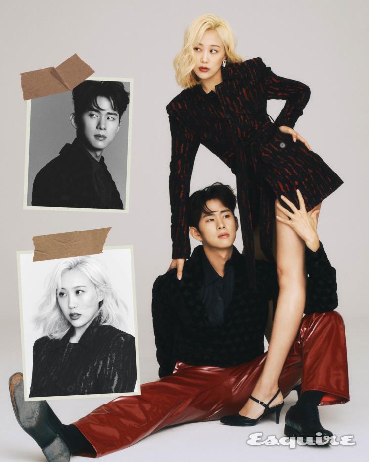 (라라) 재킷, 쇼츠 모두 라카지. 블랙 슈즈 슈마루. (민수) 이너 셔츠 스타일리스트 개인 소장품. 하트 패턴 셔츠, 팬츠 모두 레이블리스. 슈즈 유니페어.