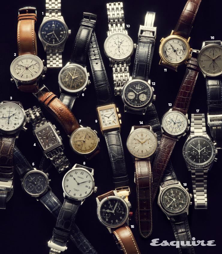 1 IWC 파일럿 마크 XV. 2 진 910 스플릿 세컨즈 55주년 에디션. 3 세이코 프레사지 오토매틱 60주년 리미티드 에디션. 4 예거 르쿨트르 리베르소 그랑 스포트 크로노그래프. 5 블랑팡 빈티지 빌레레 크로노그래프 재팬 에디션. 6 티쏘 빈티지 텔레미터 자네이로 1938. 7 안젤루스 빈티지 그로노그래프. 8 세이코 프레사지 크로노그래프 에나멜 다이얼. 9 예거 르쿨트르 리베르소 크로노그래프 레트로그레이드. 10 크로노스위스 레귤레이터 크로노스코프. 11 브레게 클래식 스플릿 세컨드. 12 랑에 운트 죄네 다토그래프. 13 론진 13ZN 플라이백 크로노그래프. 14 론진 30CH 플라이백 크로노그래프. 15 투티마 그랜드 플리거 크로노그래프 빈티지. 16 IWC 포르투기저 크로노그래프 라트라팡테. 17 오메가 스피드마스터 문워치 프로페셔널. 18 에벨 1911 크로노그래프.