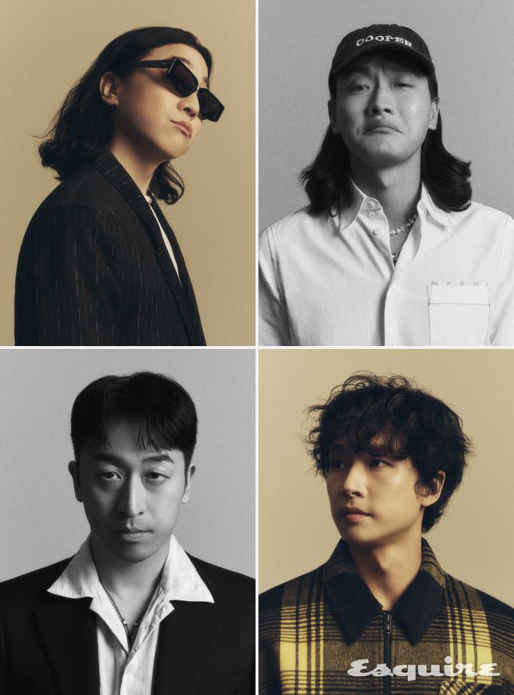 (넉살) 블스트라이프 재킷 코스 X 예보아. 화이트 티셔츠 아더 에러. 선글라스 카린. 네크리스 스타일리스트 소장품. (김재호) 스티칭 장식 셔츠 마르니. 캡, 네크리스 모두 스타일리스트 소장품. (이태훈) 네이비 재킷 골든 구스. 화이트 셔츠, 네크리스 스타일리스트 소장품. (김다빈) 체크 재킷 코스 X 예보아.
