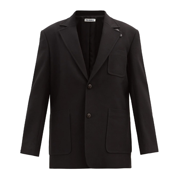 Patch pocket single-breasted wool suit jacket, $612 USD