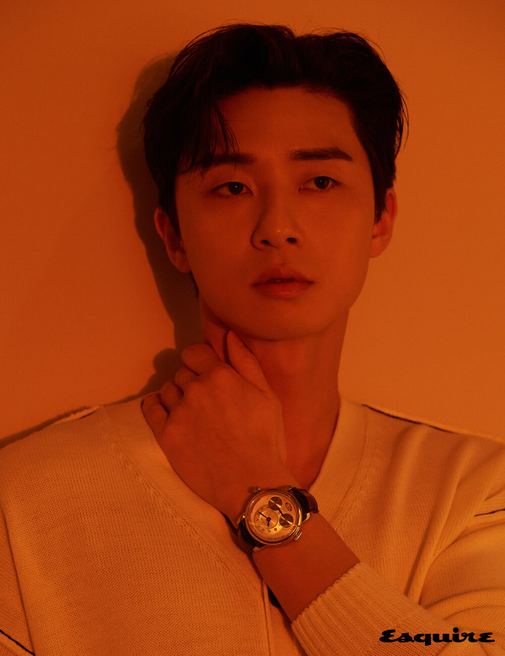 바늘 대신 디스크가 회전하며 시간을 측정하는 44.8mm ‘스타 레거시 니콜라스 뤼섹 크로노그래프’ 995만원 몽블랑. 카디건 토니웩.