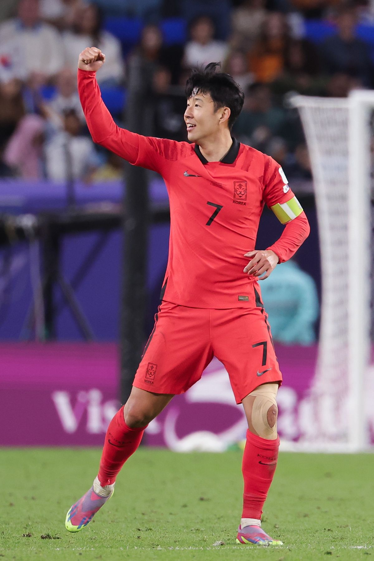 AL WAKRAH, QATAR - FEBRUARY 02: Son Heung-min of South Korea celebrates his goal during the AFC Asian Cup quarter final match between Australia and South Korea at Al Janoub Stadium on February 02, 2024 in Al Wakrah, Qatar. (Photo by Lintao Zhang/Getty Images)