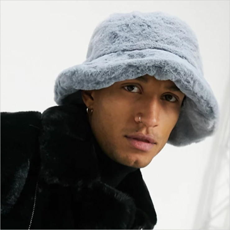 faux fur bucket hat in pale blue, $23 USD