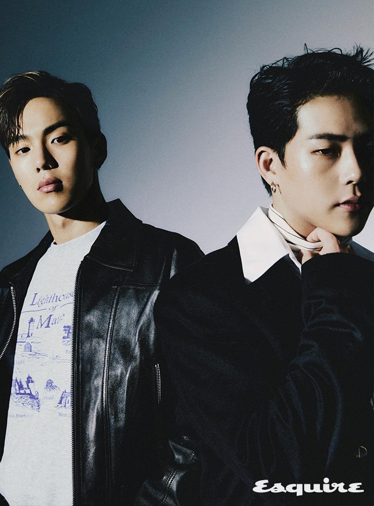 (셔누) 레더 재킷 노앙. 스웨트셔츠 스타일리스트 소장품. (주헌) 재킷, 셔츠 모두 던힐. 터틀넥 톱 인스턴트 펑크.