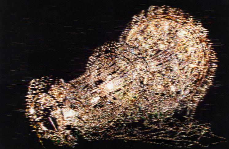 North Korean hand embroidery, silk threads on cotton, middle man, smuggling, bribe, tension, anxiety, censorship, ideology, wooden frame, approx. 1600hrs/2persons 160▼247cm, Courtesy of the artist and Guggenheim Museum.