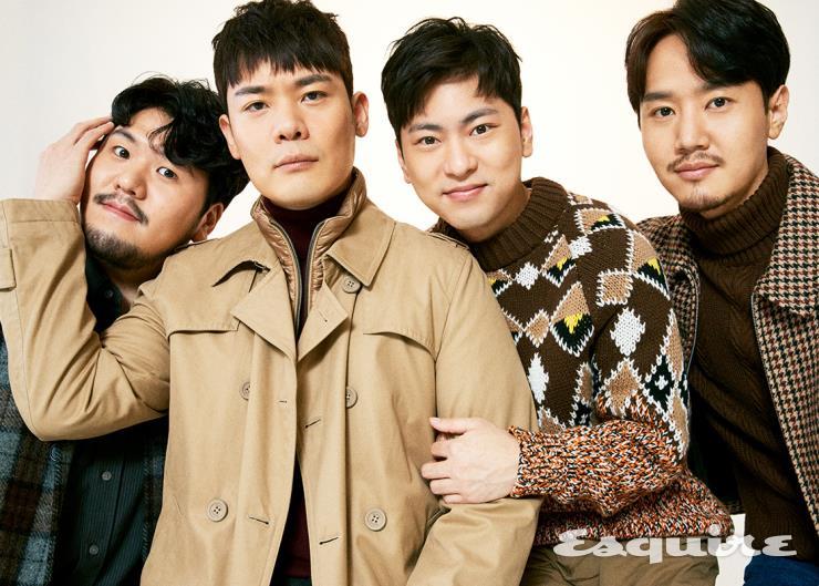 (왼쪽부터) 체크 코트 맨온더분. 셔츠 스타일리스트 소장품. 패딩 트리밍 트렌치코트 에르노. 버건디 터틀넥 에스.티. 듀퐁 파리. 체크 패턴 스웨터 프라다. 체크 블루종 산드로 옴므. 브라운 터틀넥 H&M.