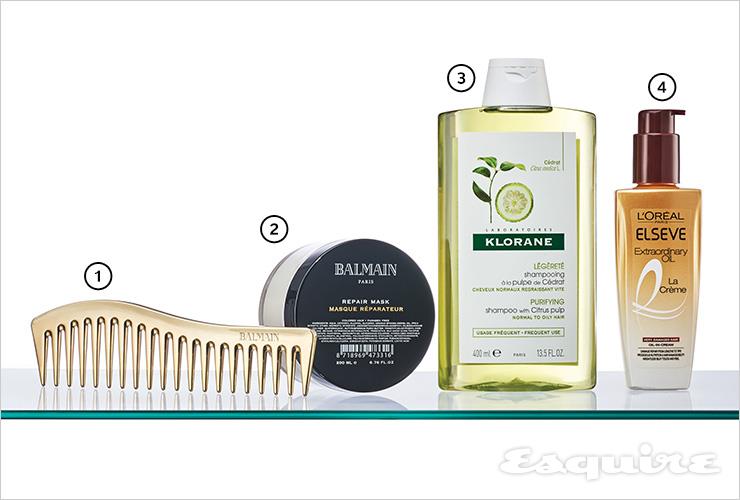 1 골든 스타일링 빗 10만원 발망헤어. 2 리페어 마스크 200mL/6만8000원 발망헤어. 3 시트러스 지성 두피 스케일링 샴푸 400mL/2만2000원 클로란. 4 엑스트라오디네리 리치브라운 오일 인 크림 100mL/1만9000원 로레알파리.