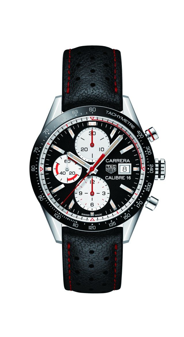 케이스 지름 41mm, 스테인리스스틸 케이스, 시·분·초·날짜 표시, 크로노그래프. 블랙 버전은 펀칭 처리하고 붉은색 스티치로 마무리한 가죽 스트랩. 블루 버전은 H형 스테인리스스틸 브레이슬릿.