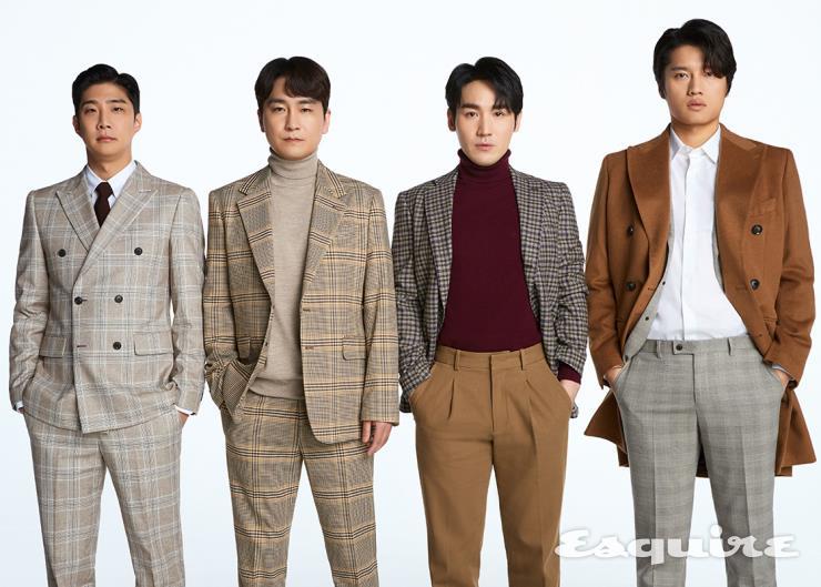 (왼쪽부터) 박상돈 더블브레스트 슈트 송지오 옴므. 셔츠, 타이 모두 스타일리스트 소장품. 곽동현 싱글브레스트 슈트 송지오 옴므. 터틀넥 니트 스타일리스트 소장품. 유슬기 재킷 맨온더분. 터틀넥 니트 에스.티. 듀퐁 파리. 팬츠 스타일리스트 소장품. 백인태 더블브레스트 코트 에스.티. 듀퐁 파리. 싱글브레스트 슈트 송지오 옴므. 셔츠 스타일리스트 소장품.