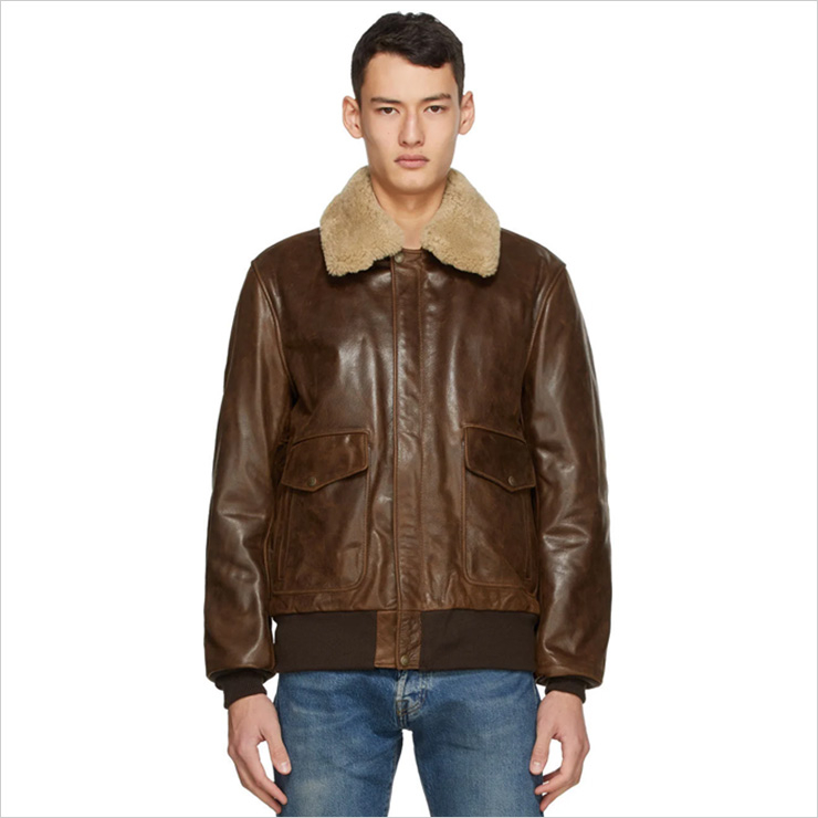 쇼트 브라운 레더 봄버 자켓, $925 USD