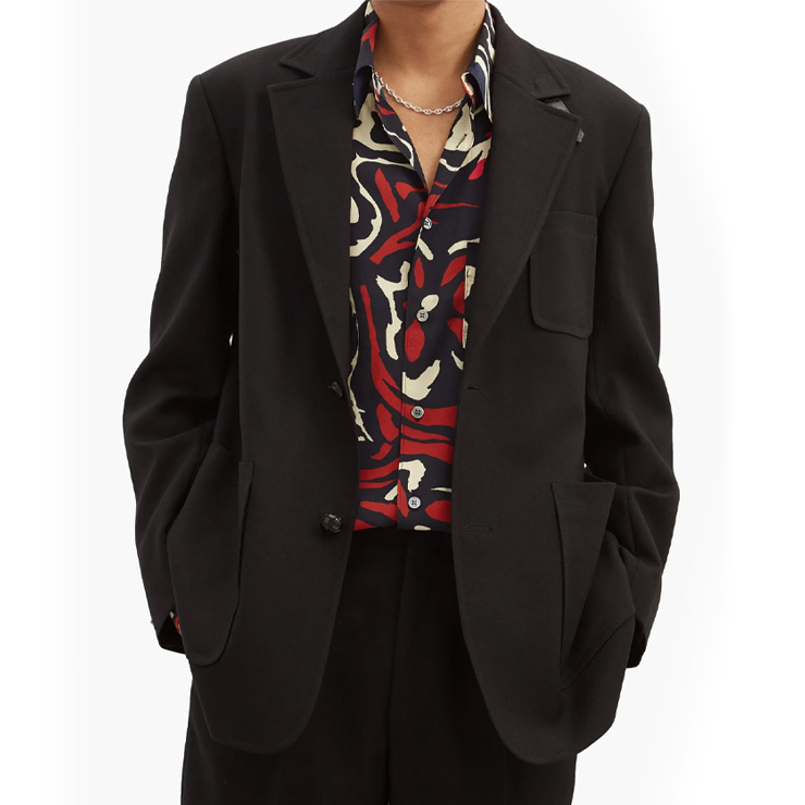 Patch pocket single-breasted wool suit jacket, $612 USD